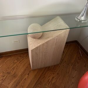 Glass Console Table with Geometric Stone Base